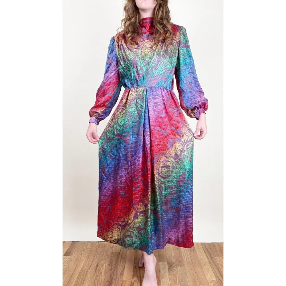 Vintage 100% Silk 70s Evening Gown Maxi Dress Formal Goddess Draped Floral Fancy - Picture 3 of 7